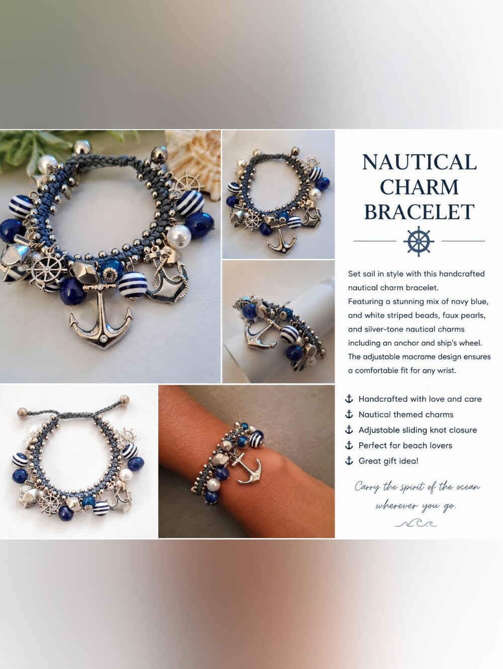 Nautical Charm Bracelet in Navy Blue, White & Silver